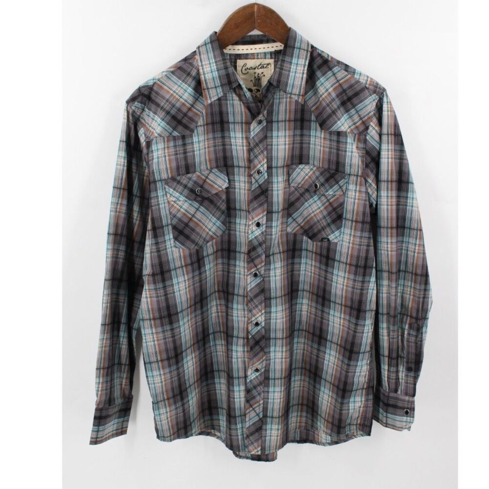 Coastal Western Pearl Snap Long Sleeve Shirt Size Large Plaid Orange Blue